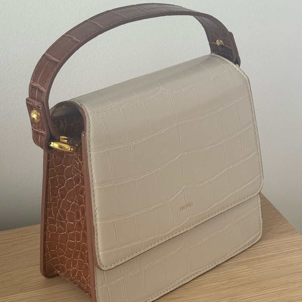JW PEI Cream and Brown Shoulder Bag with Textured Handle and Structured Design